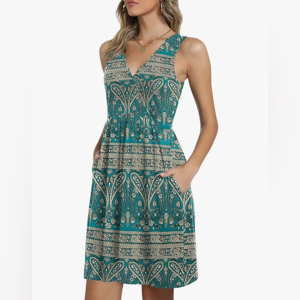 CATHY Womens Sleeveless V Neck Sundress with Pockets Blue-Khaki Size 2XL